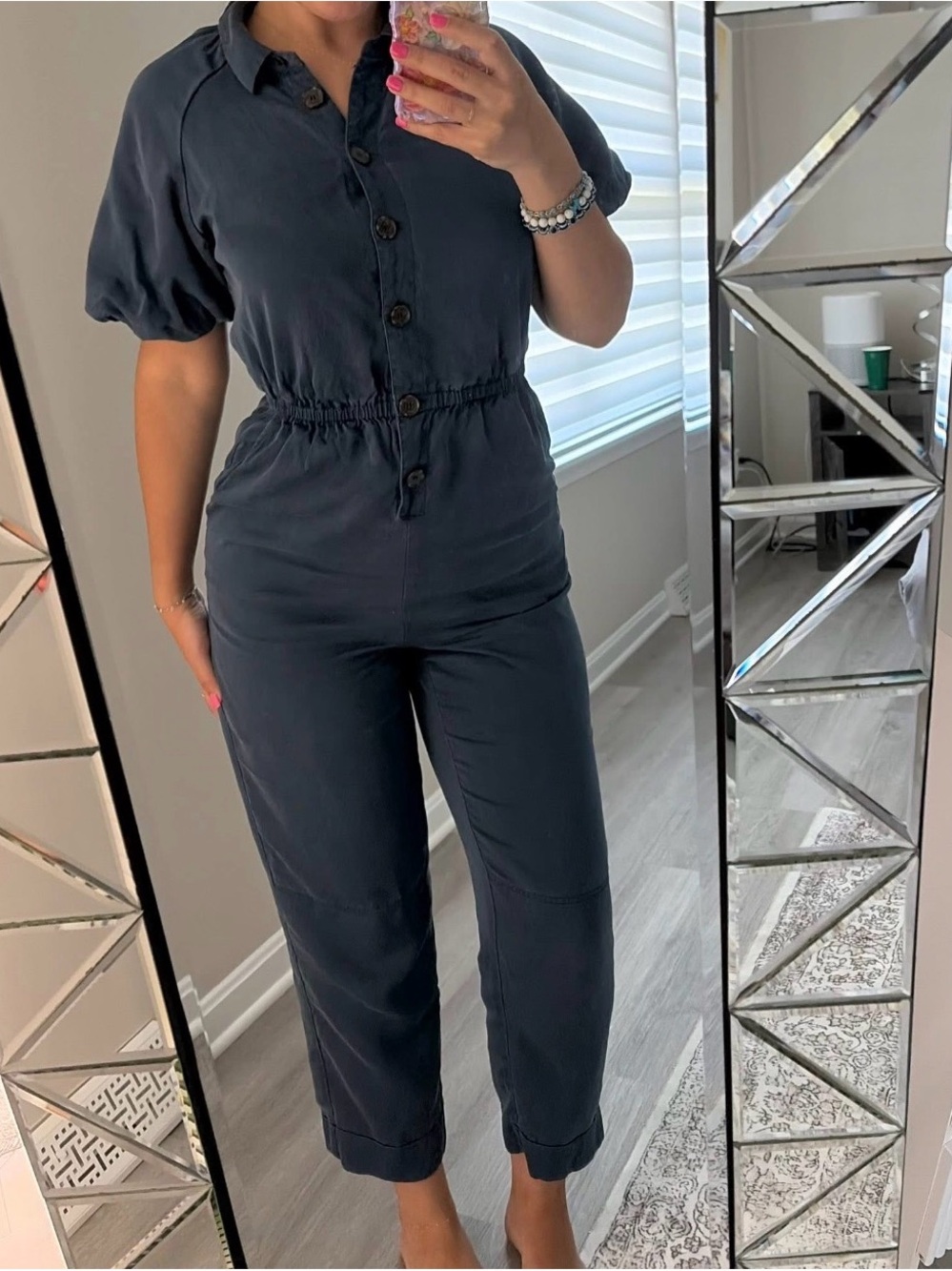 J. Crew Navy Button-Front Short Sleeve Jumpsuit